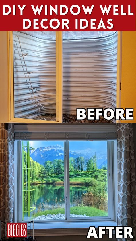 Make your basement not feel like a basement! Biggies Window Well Scenes completely transform boring metal window wells with beautiful landscapes Window Well Scenes, Window Wells Ideas, Basement Window Well Ideas, Window Well Decorating Ideas, Fake Windows Basement, Diy Window Well, Window Well Ideas, Basement Window Treatments, Basement Window Well Covers