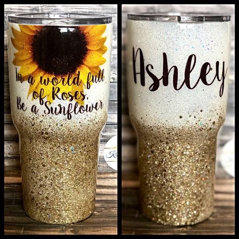 Sunflower Tumblers, Monogrammed Cups, Chunky Glitter Tumbler, Decorated Cups, Tumbler Turner, Business Crafts, Sunflower Accessories, Yeti Cup Designs, Be A Sunflower