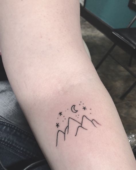 Mountain tattoo with stars Shining Star Tattoo, Tattoo With Stars, Norway Tattoo, Berg Tattoo, Small Mountain Tattoo, Moon Star Tattoo, Mountain Tattoos, Lake Tattoo, Stars Tattoo