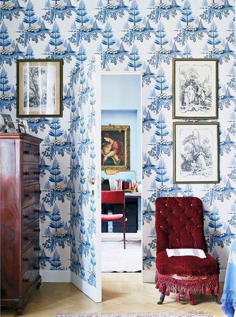 Wallpapered bedroom with old art and red antique chair // Italian design Jib Door, Hidden Doors In Walls, Italian Apartment, Hidden Doors, Blue And White Wallpaper, Italian Interior Design, Italian Interior, Guest Room Office, Secret Door