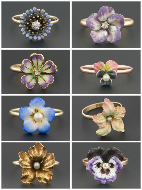 Antique enamel flower rings; stickpins converted into rings by Trademark Antiques. Sapphire Antique Ring, Flower Rings, Best Jewelry Stores, Antique Engagement Rings, Enamel Flower, Flower Jewelry, Antique Earrings, Diy Schmuck, Enamel Jewelry