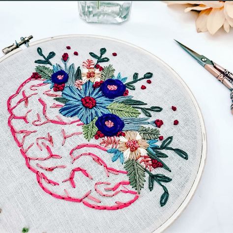 Brain Embroidery Pattern, Therapist Embroidery, Mental Health Embroidery, Brain Embroidery, Human Library, Left And Right Brain, Lab Art, Labs Art, Brain Art