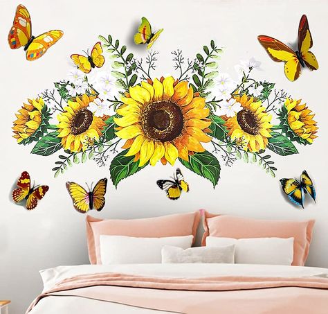 Wall Stickers For Bedroom, Big Sunflower, Tv Wall Art, 3d Sunflower, 3d Butterfly Wall Decor, Sunflower Wall Decor, Metallic Texture, 3d Butterfly Wall Stickers, Butterfly Wall Decor