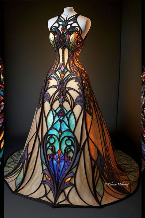 Stained Glass Gown by Vishma Maharaj Vishma Maharaj Fairy, Vishma Maharaj Gowns, Stained Glass Shoes, Stained Glass Gown, Cathedral Inspired Fashion, Stained Glass Clothes, Stain Glass Dress, Stained Glass Costume, Stained Glass Character Design