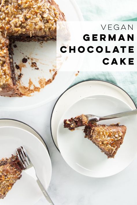 Vegan German chocolate cake recipe is easy to make and the BEST cake for a birthday or other special occasions. #germanchocolatecake #vegan #baking #chocolatecake #chocolate #coconut #eggfree #dairyfree | mindfulavocado Gf German Chocolate Cake, Dairy Free German Chocolate Frosting, Healthy German Chocolate Cake, Vegan German Chocolate Cake Frosting, Vegan Gluten Free German Chocolate Cake, Best Vegan Chocolate Cake Recipe, Vegan German Chocolate Cake, Gluten Free German Chocolate Cake, Chocolate Cake Video