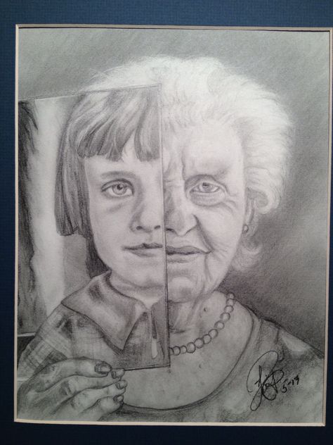 Old woman holding a photo of her younger self Aging Drawing Reference, Identity Drawing Ideas, Art About Aging, Fear Of Growing Up Art, Art About Growing Up, Younger Self Art, Older Woman Drawing, Ageing Art, Growing Up Drawing