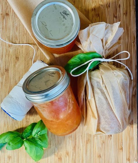 peach&basil jam | table&spoon Peach Basil Jam, Basil Jelly, Jam With Pectin, Basil Jam, Lovely Peaches, Basil Water, Peach Basil, Making Jam, Basil Leaf