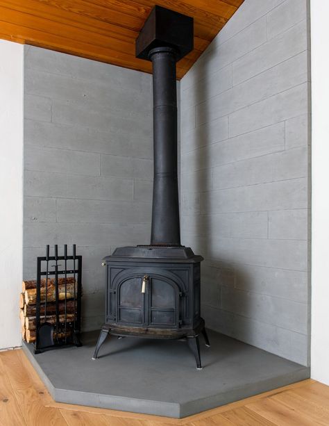 Concrete Hearth, Wood Burning Stove Corner, Concrete Fireplace Surround, Corner Wood Stove, Wood Stove Surround, Corner Stove, Hearth Pad, Stove Decor, Wood Stove Hearth