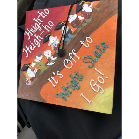 Based off of the signature “Heigh-ho, Heigh-ho” themed song in Snow White. Only acrylic paint and stickers were used. High School Graduation Cap, Diy Graduation Cap, Diy Graduation, Cap Decoration, Grad Caps, Graduation Caps, Graduation Cap Decoration, Cap Decorations, White Only