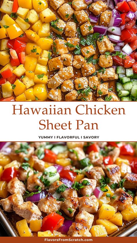 Bring the taste of the tropics to your kitchen with this Hawaiian Chicken Sheet Pan recipe! Juicy chicken thighs marinated in a sweet soy sauce blend, paired with vibrant bell peppers and pineapple, all roasted to perfection. Perfect for busy weeknights or a fun family dinner. Save this easy and flavorful recipe for your next meal idea! Hawaii Chicken Sheet Pan, Hawaiian Sheet Pan Chicken, Chicken Thigh Sheet Pan Dinner, Chicken Sheet Pan Recipe, Chicken Sheet Pan Dinner, Avocado Chicken Salad Recipe, Sheet Pan Meals Chicken, Southwest Chicken Salad, Juicy Chicken Thighs