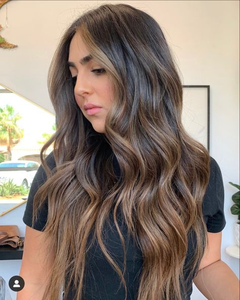 Demintional Brown Hair, Brunette Balayage Hair Tan Skin, Dimensional Brunette 2023, Dark Hair With Ombre Highlights, Brunette With Soft Highlights, Neutral Brunette Balayage, Latina Highlights Hair Dark Brown, Dimensional Brown, Lived In Balayage Brunette