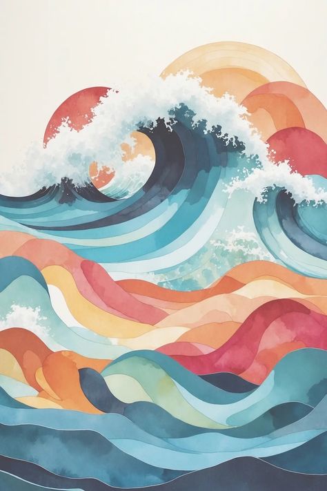 Paint Waves, Mermaid Tarot, Natural Illustration, Posters Nature, Ocean Waves Art, Wave Illustration, Different Kinds Of Art, Watercolor Projects, Nature Posters