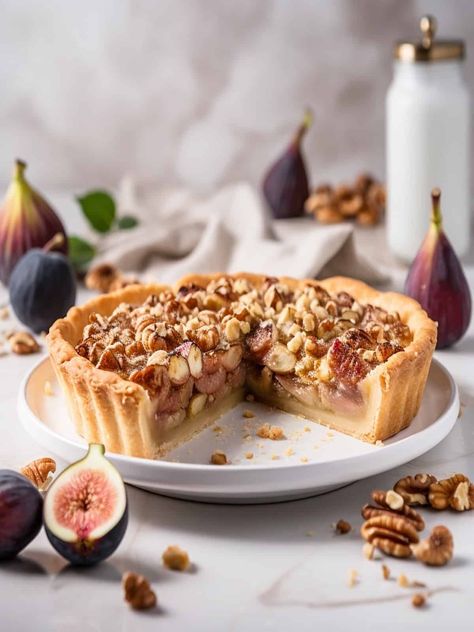 Fig and Walnut Pie! This delightful dessert is a celebration of seasonal figs and crunchy walnuts, encased in a buttery, flaky crust. Fig Pie Recipe, Fig Pie, Fig Dessert, Walnut Pie, Fig Cookies, Pie Crust Dough, Walnut Recipes, Dried Figs, Desserts For A Crowd