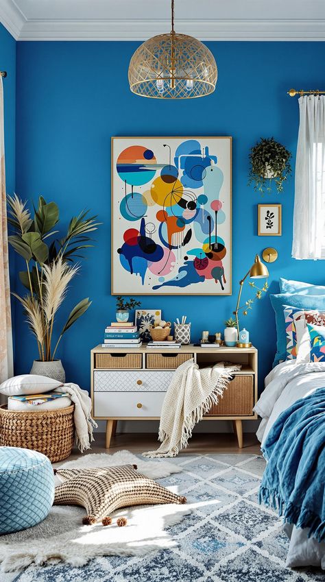 Blue Boho Girls Bedroom Bright Blue Accent Wall Bedroom, Bold Blue Bedroom, Electric Blue Bedroom, Bright Blue Bedroom, Boho Girls Bedroom Ideas, Bright Blue Bedrooms, Boho Girls Bedroom, Girls Blue Bedroom, Bold Bedroom