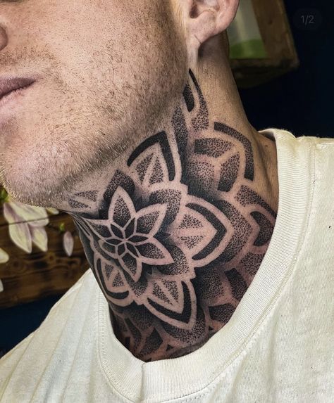 Nape Tattoo Mandala, Neck Geometric Tattoo Men, Neck Tattoo Drawings Design, Neck Mandala Tattoo Men, Tattoos Neck Mens, Back Neck Tattoo Mandala, Mens Throat Tattoo Designs, Sacred Geometry Neck Tattoo, Lower Neck Tattoo For Men