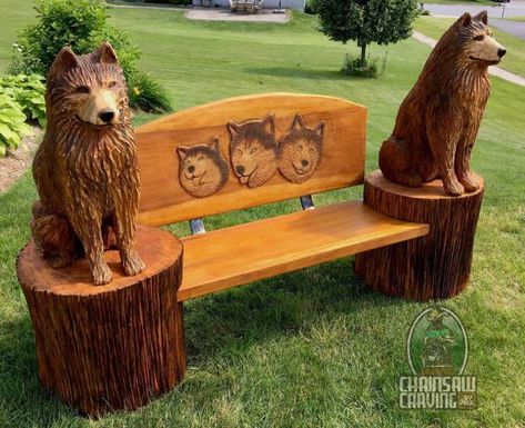 Chainsaw Carving by Paul - Benches/Furniture Chainsaw Carving Patterns, Unique Wood Furniture, Chainsaw Wood Carving, Log Bench, Carved Bench, Rustic Log Furniture, Chainsaw Carvings, Carved Chairs, Wood Carving Ideas