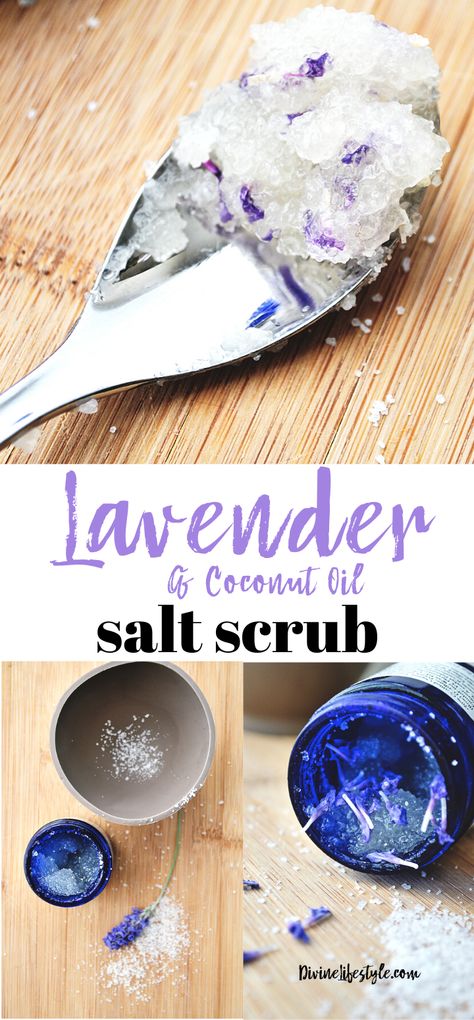 Homemade Lavender Coconut Oil Salt Scrub Sea Salt Scrub Recipe, Coconut Oil Salt Scrub, Body Scrub Homemade, Homemade Salt Scrub, Lavender Body Scrub, Lavender Salt, Salt Scrub Diy, Salt Scrub Recipe, Coconut Oil Body Scrub