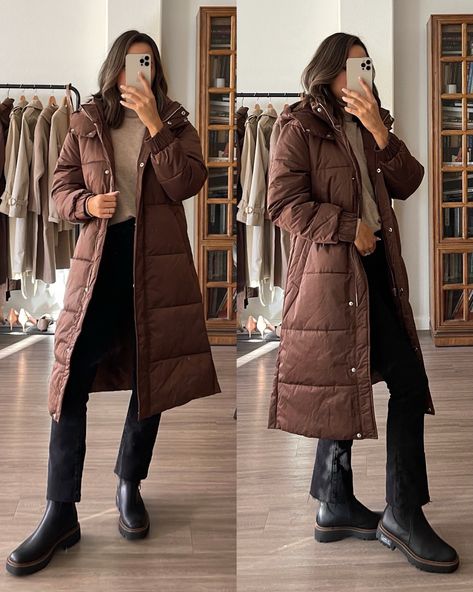 Brown Long Coat Outfit, Long Puffer Coat Outfit, Brown Puffer Jacket Outfit, Puffer Jacket Outfit Winter Style, Long Puffer Jacket Outfit, Long Jacket Outfit, Life With Jazz, Puffer Coat Outfit, Brown Winter Coat