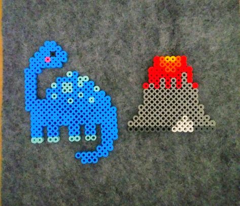 Dinosaur and volcano perler Dinosaur Melty Beads, Perler Bead Dinosaur Pattern, Perler Dinosaur, Dino Perler Beads, Perler Bead Dinosaur, Dinosaur Perler Bead Pattern, Dinosaur Perler Beads, Cool Kids Crafts, Dinosaur Volcano