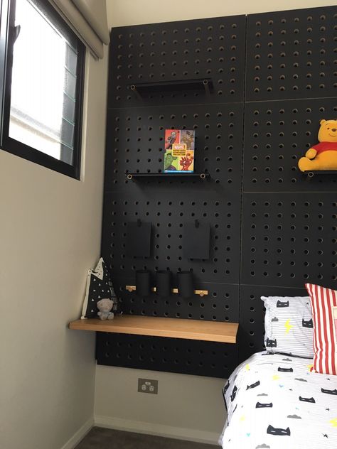 Peg Board Bedroom, Pegboard Headboard, Black Pegboard, Pipe Dream, Room Remodel, Room Remodeling, Peg Board, Board Ideas, Childrens Room