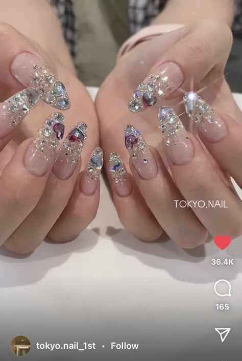 French Manicure Almond Nails With Rhinestones, Short Almond Bling Nails, Jelly Nails With Rhinestones, Almond Nails With Rhinestones, Asian Nails, Pretty Gel Nails, Really Cute Nails, Almond Acrylic Nails, Soft Nails