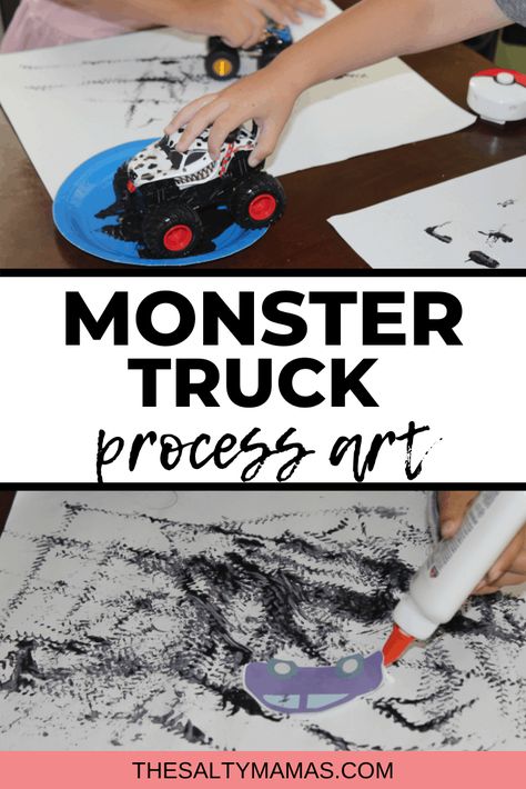 Looking for a toddler boys' art project that's sure to please? Try this Monster Truck Painting boys' craft, and then clean up with some squeaky-clean toddler sensory play. Read full instructions at TheSaltyMamas.com! Monster Truck Painting, Monster Truck Art, Truck Painting, Educational Toddler Activities, Truck Crafts, Toddler Art Projects, Toddler Sensory, Fine Motor Skills Activities, Crafts For Boys