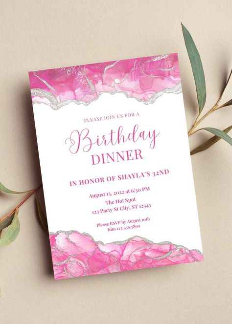 Editable pink and white birthday dinner invitation perfect for your next birthday party or birthday dinner. This pink agate invitation can be edited yourself using Canva. If you choose to print yourself the print size is 5x7 and can be printed on cardstock invitation paper. You can also have the completed file taken to your local print shop and have them print. Can also be saved as an image to use as a text invitation or email invitation. All the wording is editable. Details: Birthday Dinner... Pink And Silver Invitation Template, Pink And Silver Birthday Invitations, Pink Invitation Template Free Printable, Pink And Silver Background, Pink And White Birthday, Pink And Gold Invitations, Hawaiian Invitations, Luau Birthday Invitations, 30th Birthday Themes