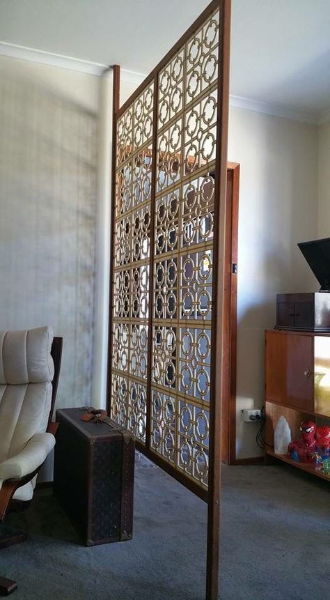 Office In Home, Room Divider Ideas Diy Cheap, Ways To Divide A Room, Mid Century Room Divider, Wooden Partition, Hanging Room Divider, Palm Springs Mid Century Modern, Mid Century Modern Room, Chinese Door