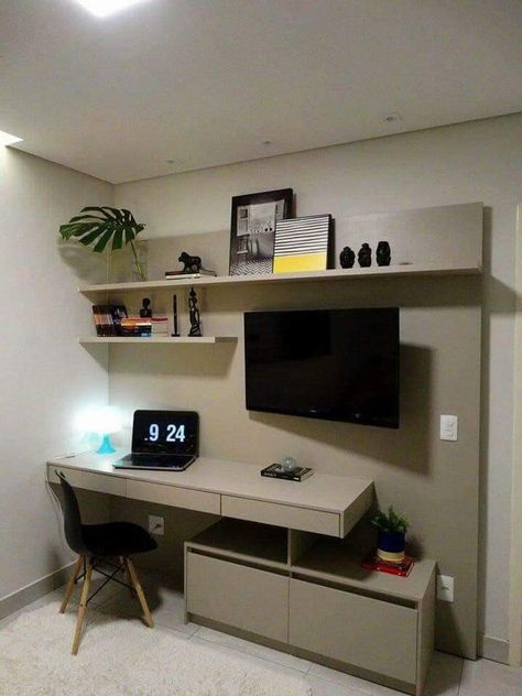 Desk With Tv Above It, Table In Bedroom Ideas, Desk Under Tv, Study Table Makeover, Table Bedroom Ideas, Study Table In Bedroom, Table In Bedroom, Study Table Design, Tv Unit Furniture Design