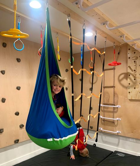 Basement Play Area, Kids Indoor Gym, Kids Furniture Makeover, Kids Playroom Basement, Garage Playroom, Loft Playroom, Sensory Classroom, Indoor Playground Design, Indoor Jungle Gym