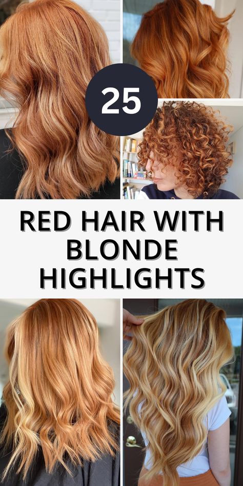 25 Red Hair with Blonde Highlights: Bold and Trendy Ideas to Elevate Your Hairstyle Natural Red Hair Blonde Highlights, Natural Redhead Haircuts, Low Lights For Red Heads, Balayage On Red Hair Natural, Red Blonde Curly Hair, Hair Color Ideas For Red Hair, Natural Curly Red Hair, Blonde Highlights Red Hair, Red Heads With Blonde Highlights