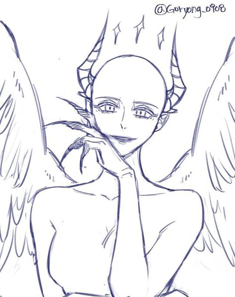 Angel X Demon Art Base, Demon X Human Couple Base, Drawing Base Magic, Dragon Drawing Template, Body Base With Wings, Demon Base Drawing, Angel And Demon Drawing, Dragon Drawing Base, Angel Base Drawing