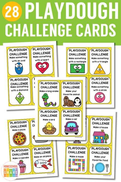 Playdough Challenge Cards (free printable!) - Homeschool Share Playdoh Task Cards Free, Play Doh Challenge Cards, Play Doh Printables Free, Playdoh Challenge Cards, Playdough Challenge Cards, Free Printable Play Money, Playdough Learning Activities, Playdough Printables, Play Doh Mats