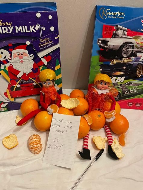 Taken from one of my boys favourite knock knock jokes #elfontheshelf #elfontheshelfideas #elfontheshelfarrival Orange You Glad, Orange Recipes, We're Back, Elf On The Shelf Ideas, Shelf Ideas, On The Shelf, Frosted Flakes Cereal Box, Cereal Box, Elf On The Shelf