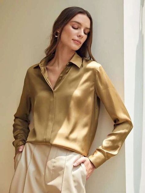 34d011 | Beauty Shirts | Flickr Gold Shirt Outfit Blouses, Gold Blouse Outfit, Gold Shirt Outfit, Ethereal Office, Sheer Blouse Outfit, Green Blouse Outfit, Plus Size Spring Outfits, Shimmer Blouse, Classy Blouses