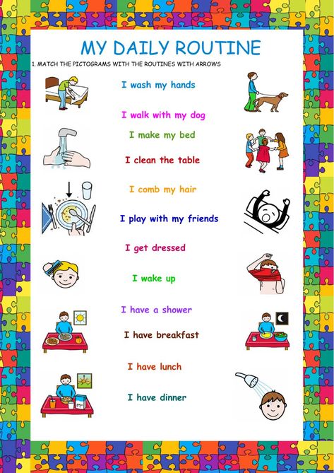 Daily routines online worksheet for Educación Primaria. You can do the exercises online or download the worksheet as pdf. Daily Routine Worksheet, Daily Routine Activities, Grammar For Kids, My Daily Routine, English Worksheet, Learning English For Kids, English Worksheets For Kids, Simple Sentences, English Lessons For Kids