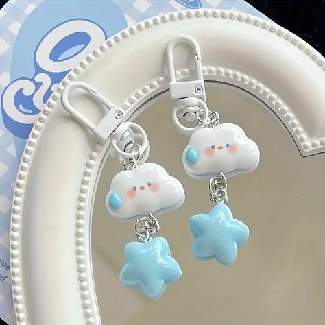 Blue Keychain, Clay Keychain, Key Accessories, Cloud Shapes, Christmas Accessories, Star Design, Clay Charms, Hanging Pendants, Printed Bags