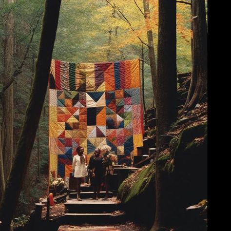 Curry J. Hackett on Instagram: "A little something new, with a brand-new scene of a quilted altar in the woods of Appalachia. Fascinating to see which aspects stay the same and which change from iteration to iteration. Imagined with AI, using #midjourney. #midjourneyart #midjourneyarchitecture #midjourneycommunity #aigenerated #aiartists #blackchurch #blackchurches #africanspirituality #appalachia #appalachianmountains #southernstyle #kelela" Appalachian Mountain Wedding, Old Appalachia Aesthetic, 1920s Appalachia, Appalachian Witch Aesthetic, Old Gods Of Appalachia Aesthetic, Appalachian Quilts, Appalachia Wedding, Vintage Appalachia, Appalachian Aesthetic