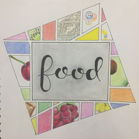 Art GCSE food title page Food Mindmap Art, Gcse Art Culture Title Page, Food And Drink Art Gcse Title Page, Food Title Page, Gcse Art Food Title Page, Art Gcse Title Ideas, Art Sketchbook Title Page, Gcse Art Sketchbook Title Page, Art Gcse Title Page