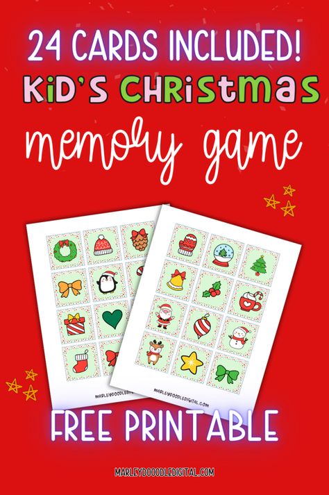 Add some extra holiday fun to your kids’ playtime with this free printable Christmas memory matching game! Featuring 24 festive cards, this game is great for toddlers, preschoolers, and kids of all ages. Whether at a Christmas party, in the classroom, or at home, this game is an easy way to entertain and engage kids this holiday season. Download your free game now! Christmas Matching Game Free Printable, Christmas Memory Game Free Printable, Christmas Memory Game, Preschool Christmas Games, Free Christmas Games, Fun Christmas Party Ideas, Fun Holiday Games, Christmas Bingo Game, Free Games For Kids