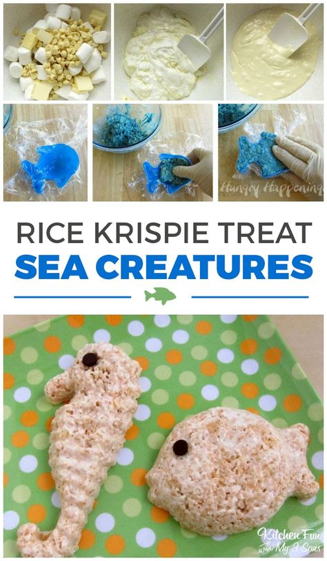 Rice Krispie Treat Sea Creatures *winner* these are really fun! Water Theme Birthday, Sea Dessert, Shipwrecked Vbs, Vbs Snacks, Sea Life Creatures, Mermaid Ideas, Animals Sea, Vbs 2024, Rice Krispy