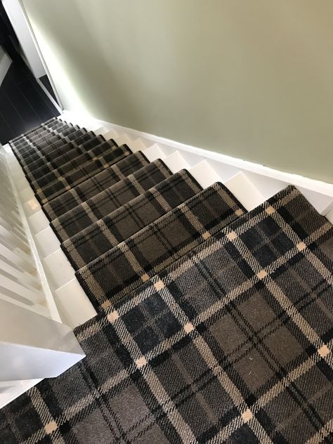 Thomas Witter Midas tartan nylon carpet Stair runner! Tartan Carpet Living Room, Tartan Stair Runner, Plaid Carpet On Stairs, Checked Carpet, Plaid Stair Runner, Cabin Carpet, Tartan Stair Carpet, Plaid Furniture, Plaid Carpet