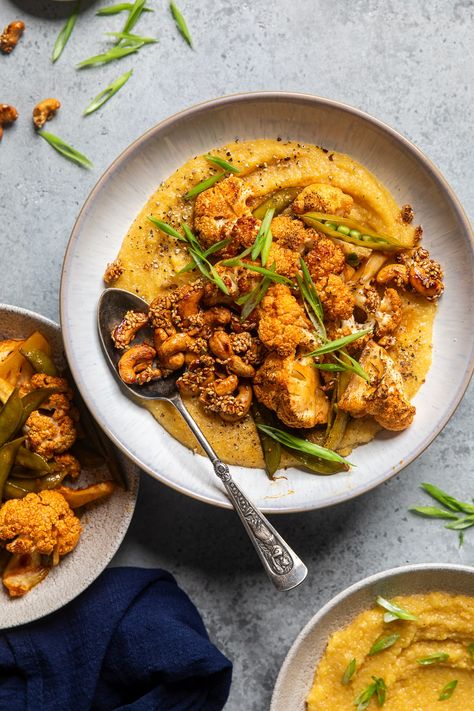 Healthy Polenta Recipes, White Miso Recipes, Miso Polenta, Recipes With Miso, Polenta Bowl, Sriracha Cauliflower, Maple Sriracha, Vegan Bowl Recipes, Whipped Sweet Potatoes