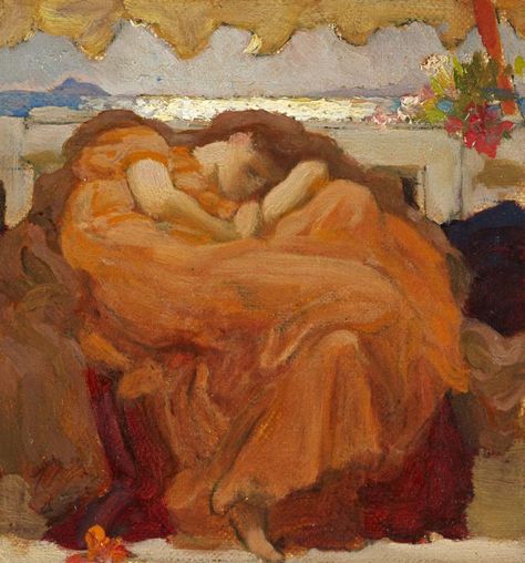 Oil painting of sleeping woman in orange dress curled up on bench Frederick Leighton, Alfred Munnings, Flaming June, Frederic Leighton, Oil Sketch, Student Posters, Lawrence Alma Tadema, Victorian Paintings, Alphonse Mucha