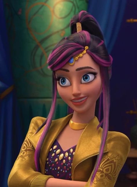 Jordan is a character who appeared in the Disney Channel animated short series, Descendants: Wicked World. She is the daughter of Genie. Jordan has a slender figure, and unlike her father she has fair skin color rather than blue. She has light blue eyes and long dark purple hair with violet highlights tied in a high pony tail. Under her right eyebrow, she has two dot markings and faint blue eye-shadow. Long Dark Purple Hair, Jafar Descendants, Lonnie Descendants Icons, Disney Descendants Hades, Descendants Daughter Of Tinkerbell, Violet Highlights, Aladdin Tv Series, Snow White Queen, Descendants Wicked World