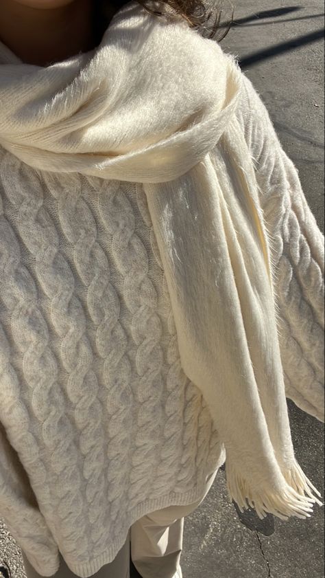 #fashion #scarf #cableknitsweater #fallfashion #2022 White Scarf Outfit, Preppy Scarf, Scarf Aesthetic, Neutral Scarf, How To Wear A Blanket Scarf, Scarf Styling, Trendy Scarves, Thick Scarf, Beige Scarf