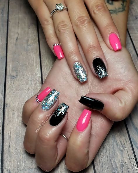 Hot Pink And Black Glitter Nails, Hot Pink Black Silver Nails, Black And Bright Pink Nails, Pink Silver Black Nails, Neon Pink Black Nails, Hot Pink And Black Nails Acrylics Short, Black Pink Glitter Nails, Black Pink And Silver Nails, Pink Black Glitter Nails