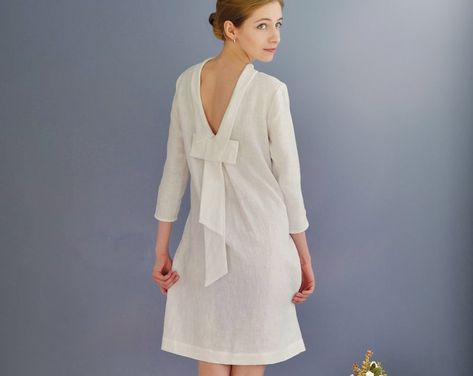 Linen Dress With Bow at Back/Linen Elegant Dress/ Linen Dress | Etsy Elegant Dress Midi, Elegant Dresses Midi, Eco Friendly Dress, White Linen Dresses, Dress With Open Back, Back Wedding Dress, Etsy Wedding Dress, Dress Linen, Open Back Dresses