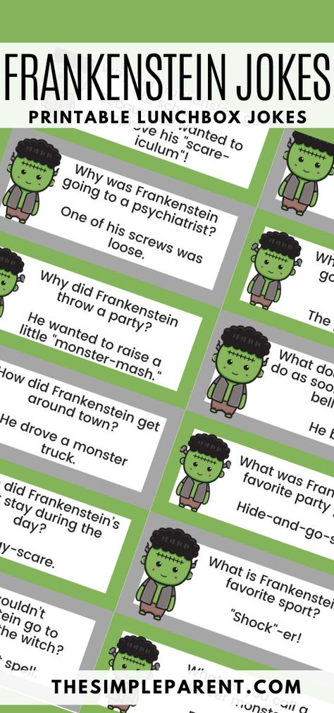 Looking for a way to keep the kids entertained this Halloween? These kid-friendly jokes are perfect! Frankenstein jokes are spooky and silly. Get free printable jokes too! Halloween Pop Up Cards, Printable Lunchbox Notes, Kid Friendly Jokes, Printable Lunch Box Notes, Lunchbox Jokes, Jokes For Teens, Halloween Jokes, Lunchbox Notes, Frankenstein Halloween