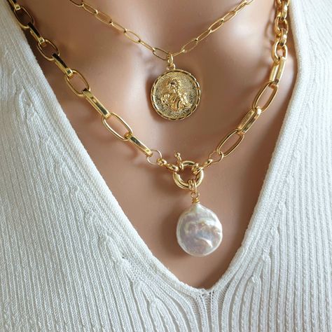 Single Pearl Pendant, Large Pearl Necklace, Large Pendant Necklace, Unique Pendant Necklace, Single Pearl, Heart Pendant Gold, Keshi Pearls, Layered Jewelry, Pearl Pendant Necklace